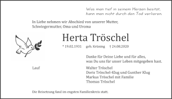 Traueranzeige von Herta Tro¨schel von Pegnitz-Zeitung