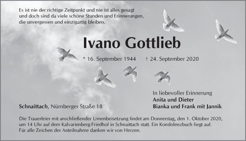  Traueranzeige für Ivano Gottlieb vom 26.09.2020 aus Pegnitz-Zeitung