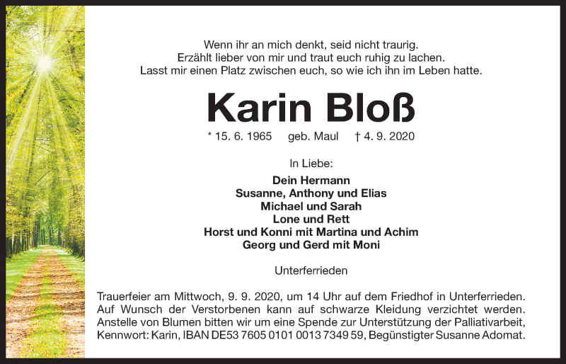  Traueranzeige für Karin Bloß vom 07.09.2020 aus Der Bote
