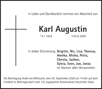 Traueranzeige von Karl Augustin von Pegnitz-Zeitung