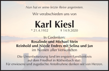 Traueranzeige von Karl Kiesl von Pegnitz-Zeitung