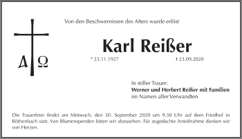Traueranzeige von Karl Reißer von Pegnitz-Zeitung