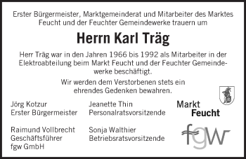 Traueranzeige von Karl Träg von Der Bote