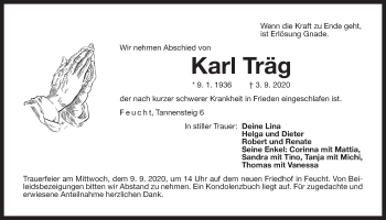 Traueranzeige von Karl Träg von Der Bote