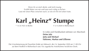 Traueranzeige von Karl Heinz Stumpe von Pegnitz-Zeitung
