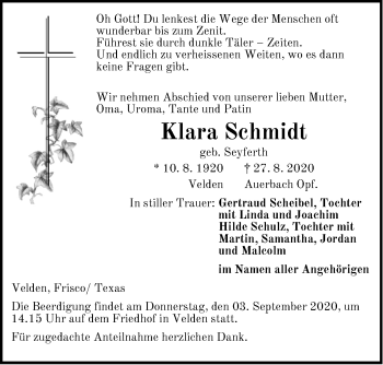 Traueranzeige von Klara Schmidt von Hersbrucker Zeitung