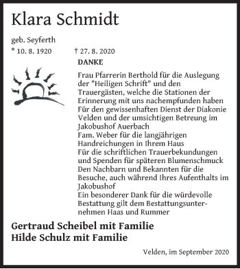 Traueranzeige von Klara Schmidt von Hersbrucker Zeitung