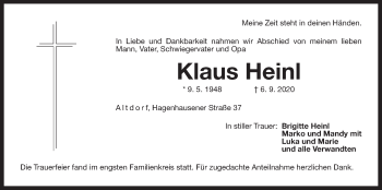 Traueranzeige von Klaus Heinl von Der Bote