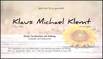 Traueranzeige von Klaus Michael Klemt von Pegnitz-Zeitung