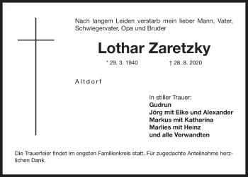 Traueranzeige von Lothar Zaretzky von Der Bote