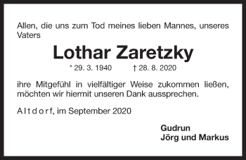 Traueranzeige von Lothar Zaretzky von Der Bote