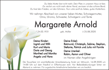 Traueranzeige von Margarete Arnold von Hersbrucker Zeitung