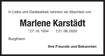 Traueranzeige von Marlene Karstädt von Der Bote