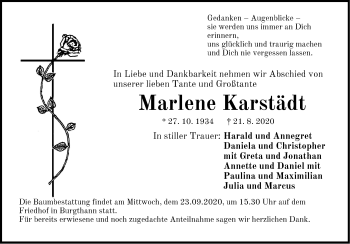 Traueranzeige von Marlene Karstädt von Der Bote