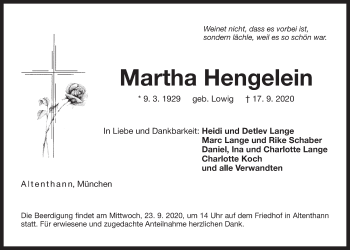 Traueranzeige von Martha Hengelein von Der Bote