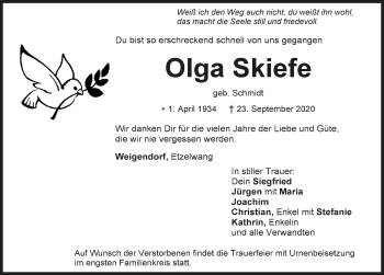 Traueranzeige von Olga Skiefe von Hersbrucker Zeitung