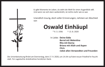 Traueranzeige von Oswald Einhäupl von Der Bote