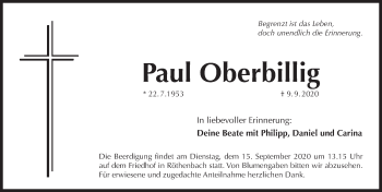 Traueranzeige von Paul Oberbillig von Pegnitz-Zeitung