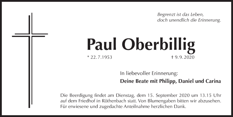  Traueranzeige für Paul Oberbillig vom 12.09.2020 aus Pegnitz-Zeitung