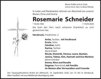 Traueranzeige von Rosemarie Schneider von Hersbrucker Zeitung
