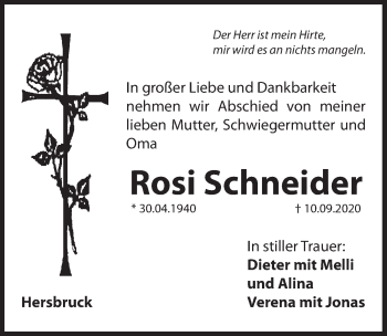 Traueranzeige von Rosi Schneider von Hersbrucker Zeitung