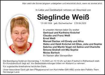 Traueranzeige von Sieglinde Weiß von Pegnitz-Zeitung