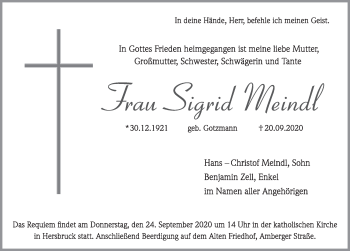 Traueranzeige von Sigrid Meindl von Hersbrucker Zeitung