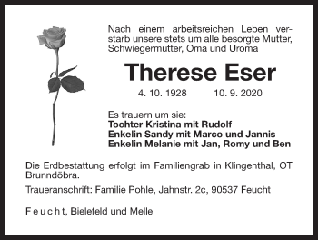 Traueranzeige von Therese Eser von Der Bote