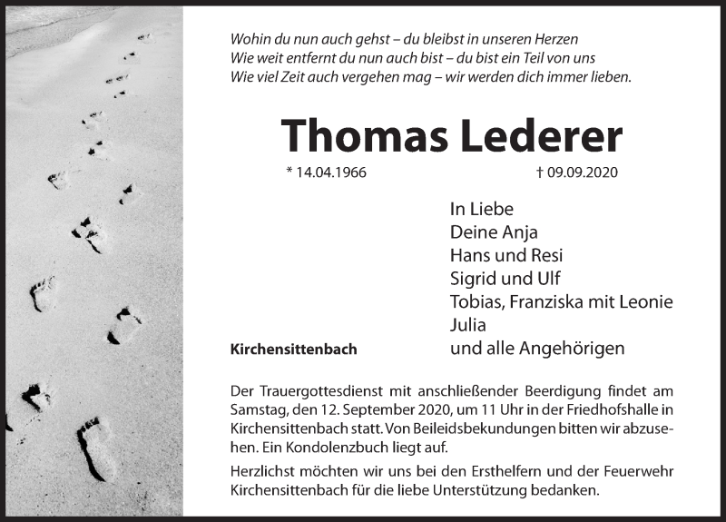  Traueranzeige für Thomas Lederer vom 11.09.2020 aus Hersbrucker Zeitung