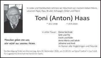 Traueranzeige von Toni  Haas von Pegnitz-Zeitung