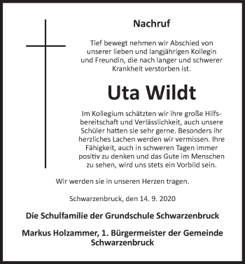 Traueranzeige von Uta Wildt von Der Bote