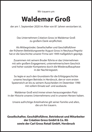 Traueranzeige von Waldemar Groß von Hersbrucker Zeitung