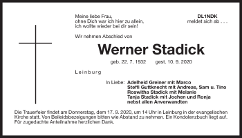 Traueranzeige von Werner Stadick von Der Bote