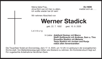 Traueranzeige von Werner Stadick von Pegnitz-Zeitung