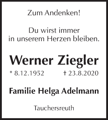 Traueranzeige von Werner Ziegler von Pegnitz-Zeitung