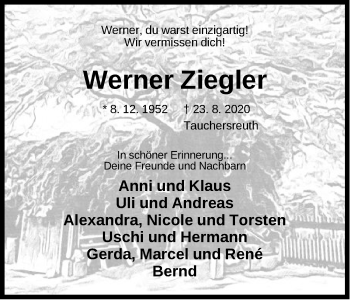 Traueranzeige von Werner Ziegler von Pegnitz-Zeitung