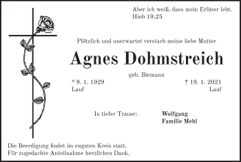 Traueranzeige von Agnes Dohmstreich von Pegnitz-Zeitung