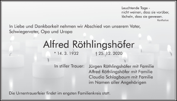 Traueranzeige von Alfred Röthlingshöfer von Pegnitz-Zeitung
