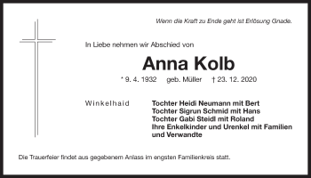 Traueranzeige von Anna Kolb von Der Bote
