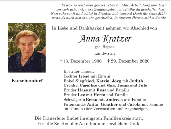 Traueranzeige von Anna Kratzer von Hersbrucker Zeitung