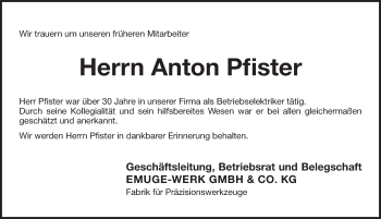 Traueranzeige von Anton Pfister von Pegnitz-Zeitung