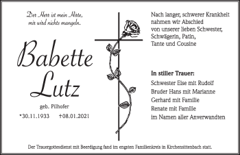 Traueranzeige von Babette Lutz von Hersbrucker Zeitung