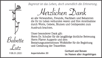 Traueranzeige von Babette Lutz von Hersbrucker Zeitung