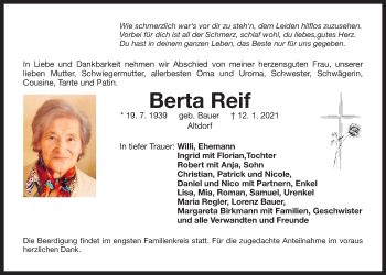 Traueranzeige von Berta Reif von Der Bote
