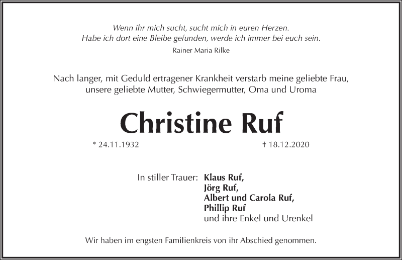  Traueranzeige für Christine Ruf vom 23.01.2021 aus Pegnitz-Zeitung