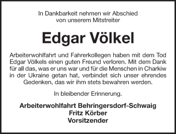 Traueranzeige von Edgar Völkel von Pegnitz-Zeitung