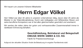 Traueranzeige von Edgar Völkel von Pegnitz-Zeitung