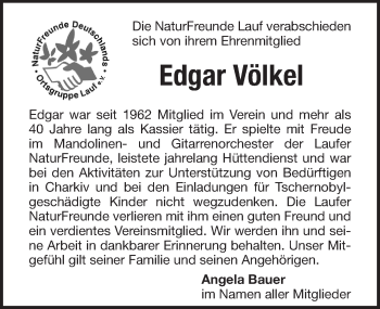 Traueranzeige von Edgar Völkel von Pegnitz-Zeitung