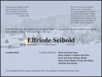 Traueranzeige von Elfriede Seibold von Hersbrucker Zeitung