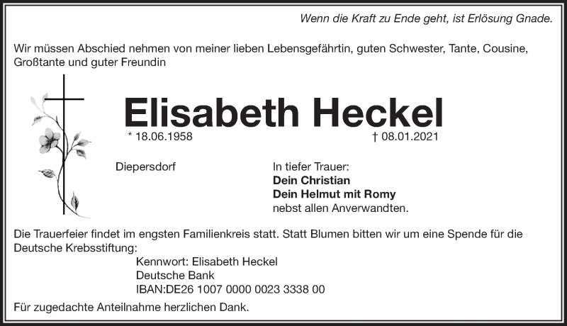  Traueranzeige für Elisabeth Heckel vom 12.01.2021 aus Pegnitz-Zeitung